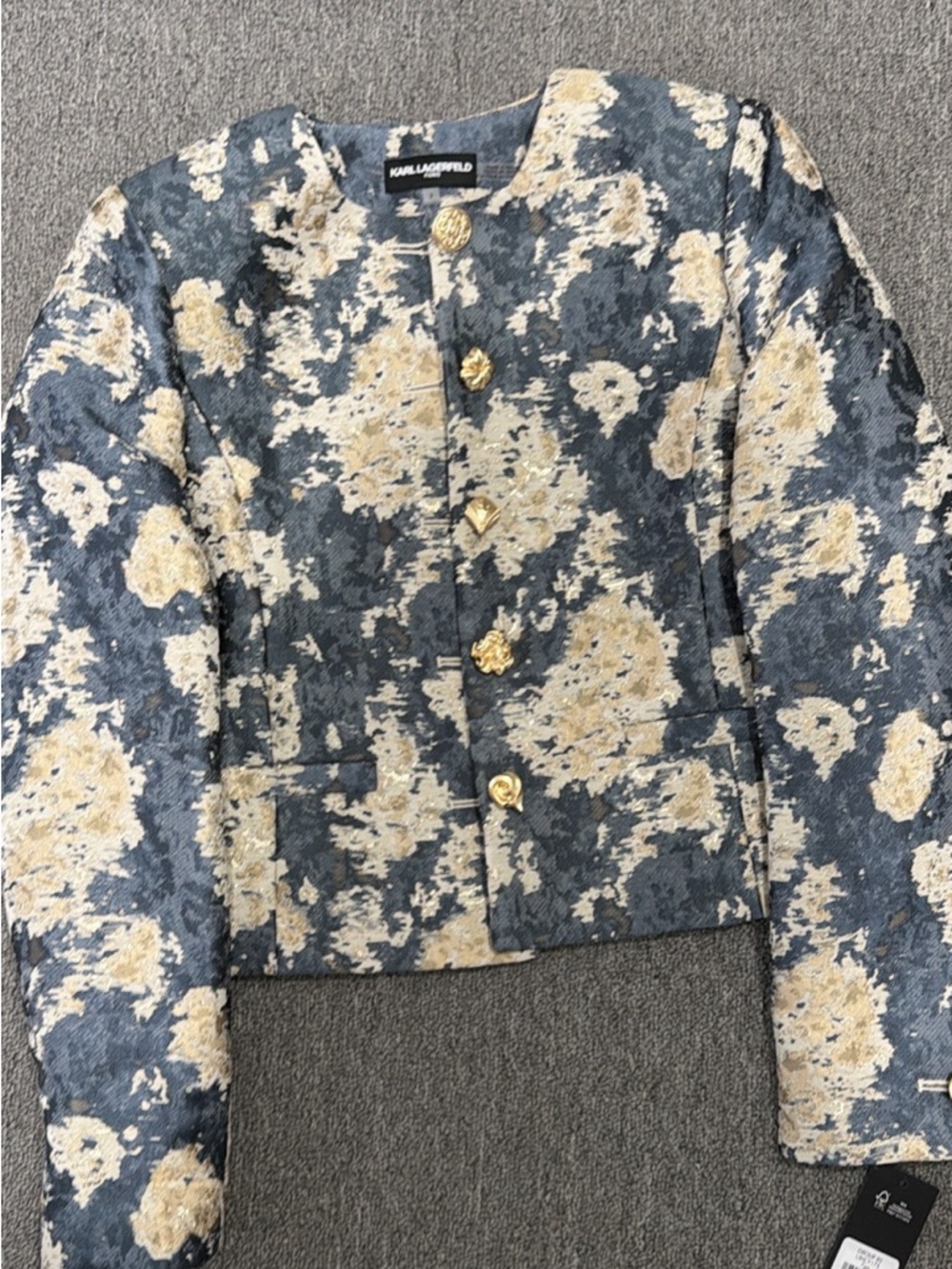 Karl Lagerfeld Blue & Cream Floral Brocade Cropped Jacket